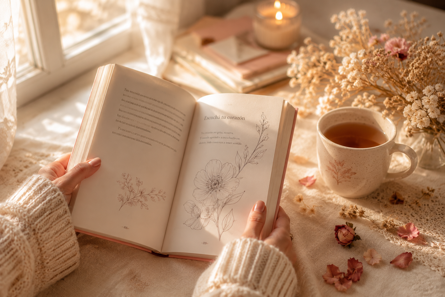 Foto lifestyle 2 — libro abierto con té y flores