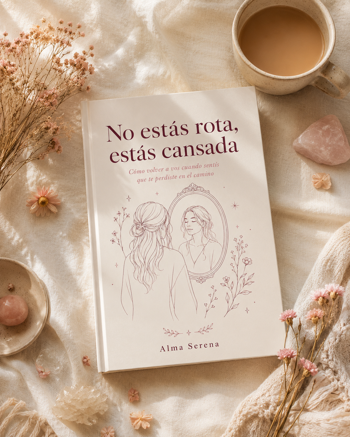 Mockup del libro No estás rota, estás cansada por Alma Serena